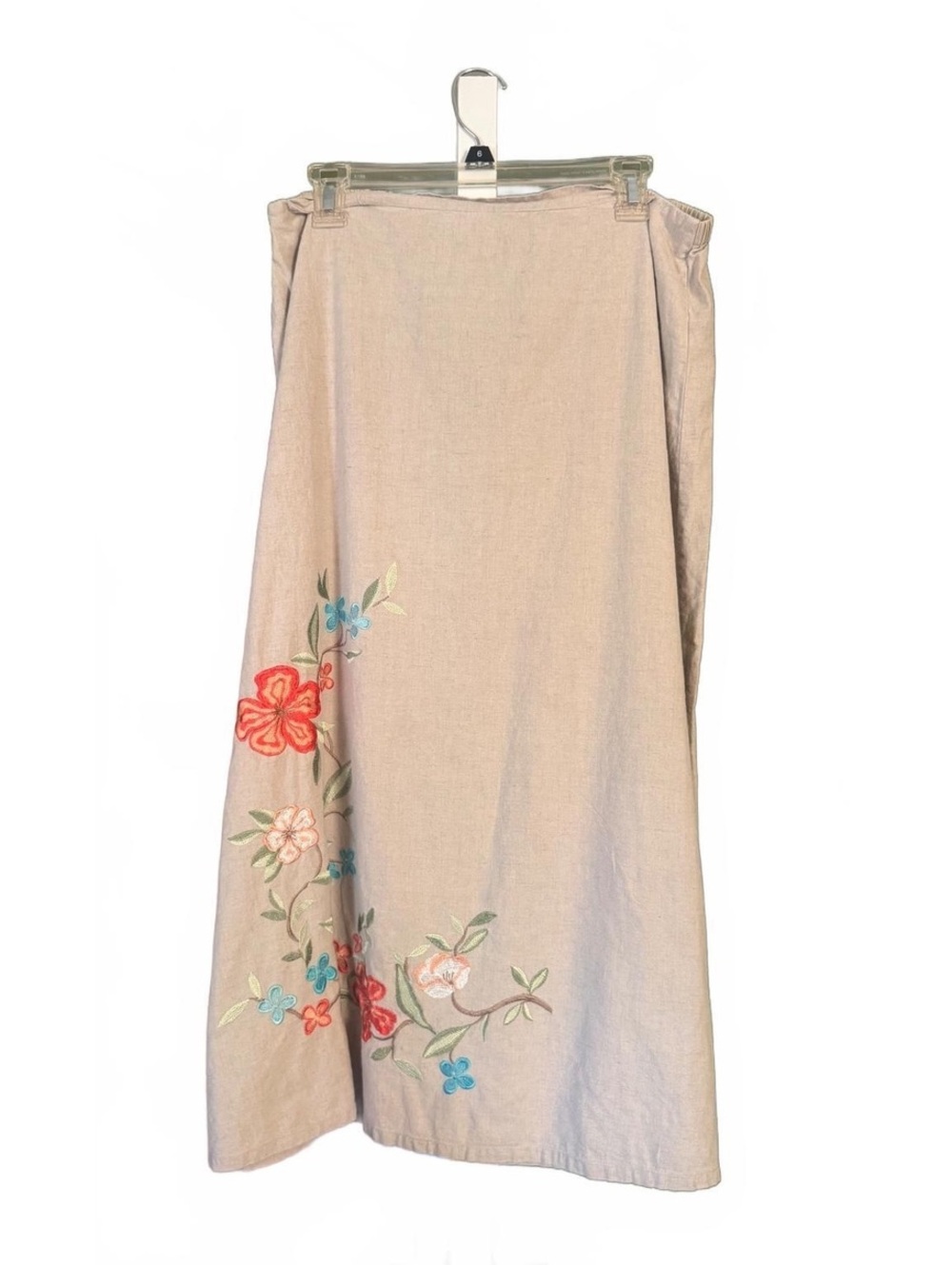 Linen Blend A-Line Floral Embroidered Skirt Tan Size L 14-16 Cotton Vintage